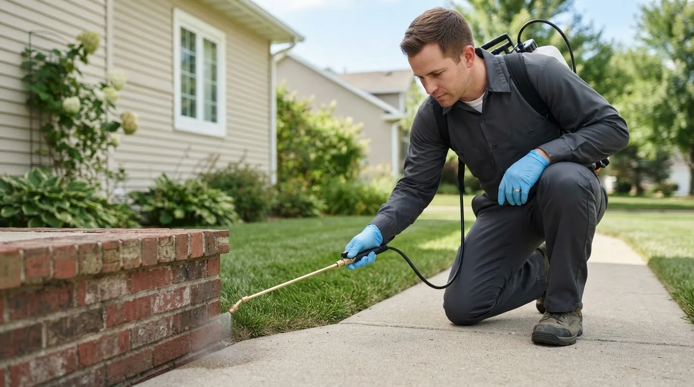 Pest control technician treating a home near Rachel, WV